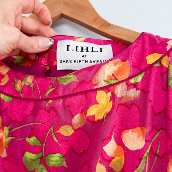 Vintage Lihli at Saks Fifth Avenue Pink Silk Floral Boat Neck Cocktail Dress 8 - Picture 3 of 11